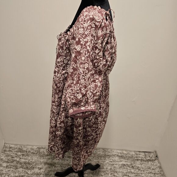 Olivaceous Boho Floral Short Puff Sleeve Mini Baby Doll Dress Maroon Size Medium - Picture 7 of 12